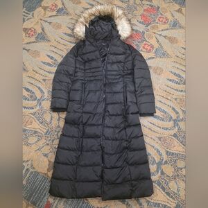 Women's Black Long Puffer Coat with Fur Trim